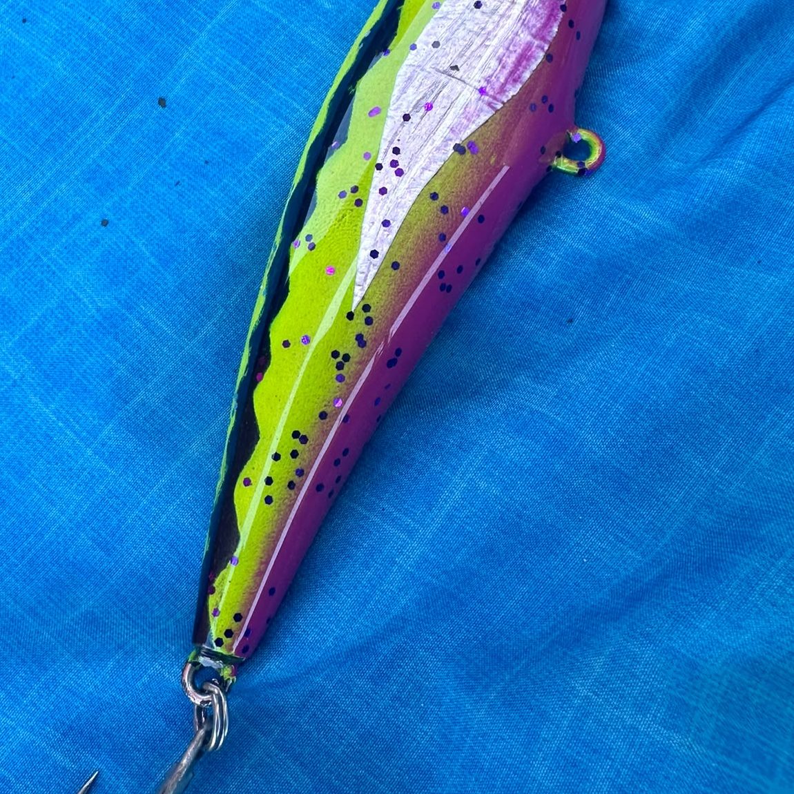 Pink Belly Jerkbait variation — chartreuse back, black tiger stripe, pink belly